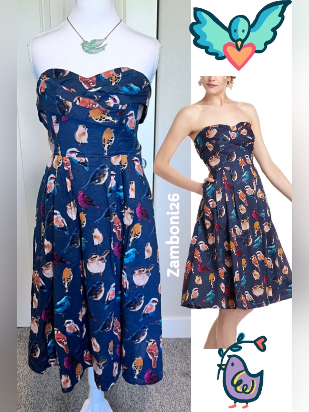 Anthropologie Maeve Bird Strapless Sweetheart Dress Pockets Side Zipper Sz 6